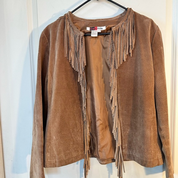 Vintage Live A Little Brown Fringe Western Suede Open Front Jacket, Size Small - Picture 1 of 6